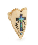 An antique carved whalebone sweetheart toggle inlaid with abalone shell, 19th century, ​​​​​​​3cm high