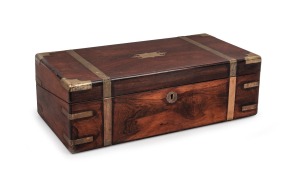 [PORT ARTHUR INTEREST] antique English rosewood writing box with fitted interior housing original inkwells with gilt crown lids, early to mid 19th century, purported to have been used at the infamous penal settlement. Accompanied by a hand-written memorandum from the Civil Commandant at Port Arthur dated June 1865 accepting the resignation of the Second Clerk at Port Arthur. This document was found in the writing box. The Box 16.5cm high, 50cm wide, 25.5cm deep.
