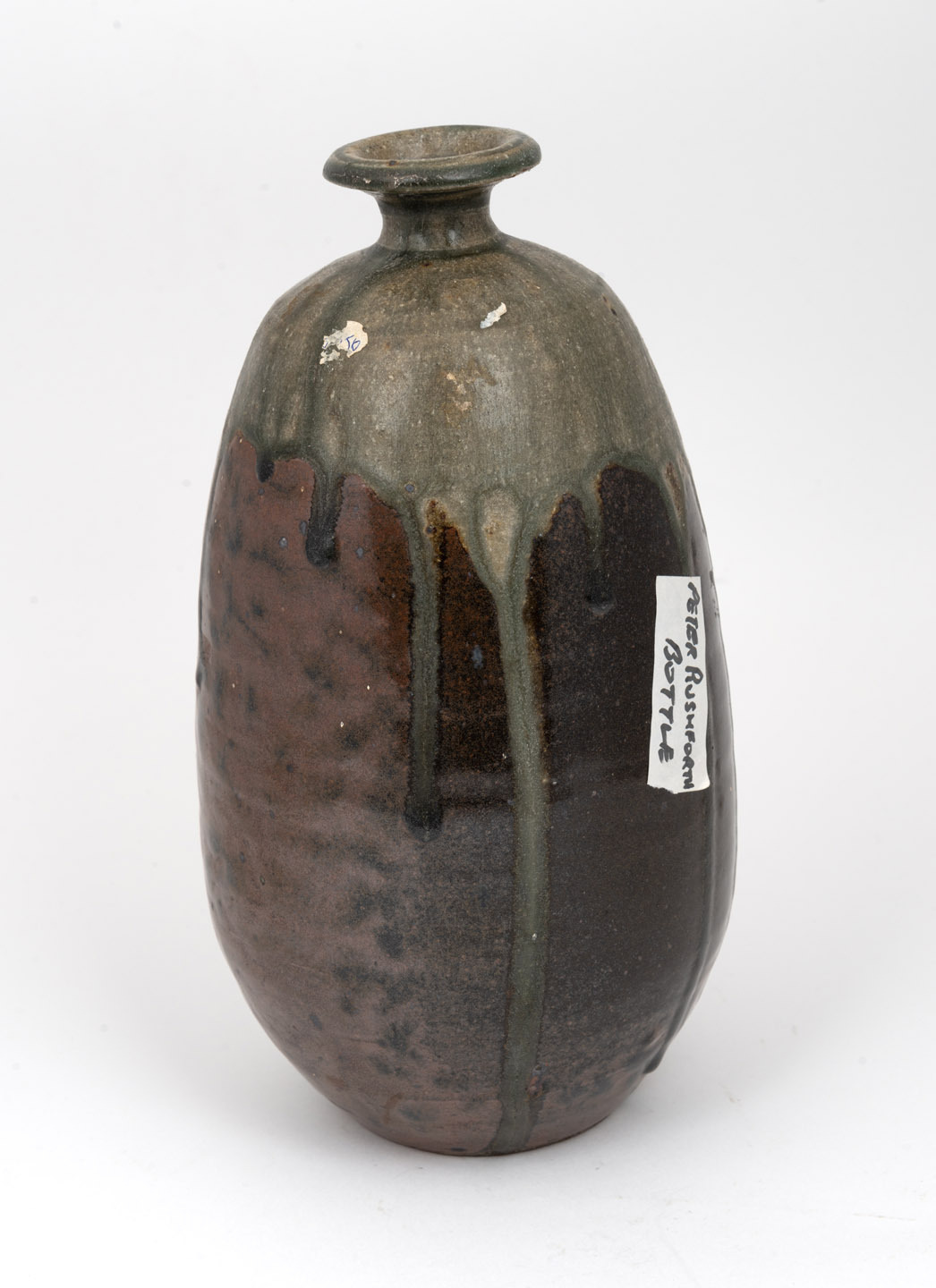 PETER RUSHFORTH brown glazed pottery bottle vase, impressed seal mark ...