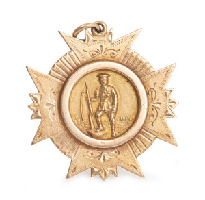 A 15ct gold fob engraved verso "CORINDHAP WORLDS WAR MEDAL Presented to PTE. A. ROSS - 6.2.20 - by the residents - for services rendered the Empire", 12.5 grams. ​​​​​​​Note: Corindhap is a small town near Cressy. .