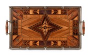 THOMAS GRIFFITHS inlaid serving tray made from Queensland timbers, Mount Tamborine, Queensland origin, early 20th century, 52cm across the handles.