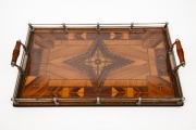 THOMAS GRIFFITHS inlaid serving tray made from Queensland timbers, Mount Tamborine, Queensland origin, early 20th century, 52cm across the handles. - 2