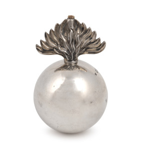 An antique English sterling silver FLAMING GRENADE regimental table cigar lighter, made in London with maker's mark "JB", circa 1892, 9.5cm high.