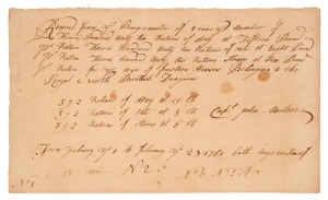 An original "Receipt For Furrege" issued at Venne in February, 1761 during The Seven Years War between Anglo-German forces and a French army. The forage required for the Royal North British Dragoons is for the 392 rations of hay, oats and straw to be issu