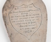 [ROCKHAMPTON INTEREST] Australian silver presentation trowel with turned blackbean handle, engraved "PRESENTED TO THE RIGHT HONOURABLE REVEREND DR. STAUNTON BISHOP OF NORTHERN QUEENSLAND ON THE OCCASION OF HIS LAYING THE CORNER STONE OF THE CHURCH OF ST. - 2