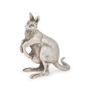 An antique English sterling silver kangaroo with joey statue by Cornelius Saunders & Francis Shepherd of London, late 19th century, 7cm high, 94 grams.