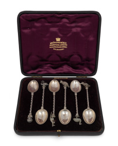 WILLIAM DRUMMOND & Co. of Melbourne antique set of six Australian silver teaspoons, each adorned with figural finials, and engraved with the six Colonies of Australia, housed in original plush fitted case, 19th century, 12cm long, 128 grams total.