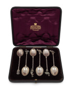 WILLIAM DRUMMOND & Co. of Melbourne antique set of six Australian silver teaspoons, each adorned with figural finials, and engraved with the six Colonies of Australia, housed in original plush fitted case, 19th century, 12cm long, 128 grams total.
