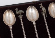 WILLIAM DRUMMOND & Co. of Melbourne antique set of six Australian silver teaspoons, each adorned with figural finials, and engraved with the six Colonies of Australia, housed in original plush fitted case, 19th century, 12cm long, 128 grams total. - 2