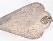 An antique New Zealand silver presentation trowel, engraved "CONGREGATIONAL CHURCH MASTERTON FOUNDATION STONE TROWEL, PRESENTED TO MRS. W.R. WILLIAMSON, 16th July, 1908", manufactured by Alexander Henderson, stamped "A.H." with lion passant and two crowns - 3