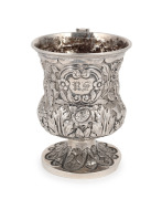JOSEPH FORRESTER rare and important Colonial Australian silver christening mug with thistles, acanthus, roses and shamrock repousse decoration and strap handle, Hobart Town, Van Diemen's Land, circa 1842-46, stamped with pseudo hallmarks "J.F." lion passa - 2