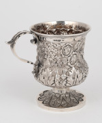 JOSEPH FORRESTER rare and important Colonial Australian silver christening mug with thistles, acanthus, roses and shamrock repousse decoration and strap handle, Hobart Town, Van Diemen's Land, circa 1842-46, stamped with pseudo hallmarks "J.F." lion passa - 4