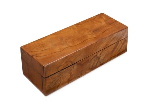 JAMES ANNEAR antique glove box with marquetry New Zealand timbers, bearing original paper label to the base "JAMES ANNEAR, Maker, Sydney-Street, Wellington, New Zealand", 19th century, 8.5cm high, 28cm wide, 10.5cm deep.
