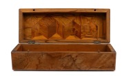 JAMES ANNEAR antique glove box with marquetry New Zealand timbers, bearing original paper label to the base "JAMES ANNEAR, Maker, Sydney-Street, Wellington, New Zealand", 19th century, 8.5cm high, 28cm wide, 10.5cm deep. - 2