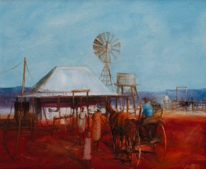 HUGH SAWREY (1919-1999), Home From Town, Western Queensland, oil on canvas, signed lower right "Sawrey", signed and titled verso in the artist;s hand, 30 x 35cm, 48 x 53cm overall.