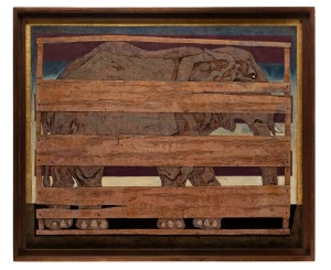 LEONARD FRENCH (1928-2017), Elephant in a box (1983), enamel on hessian on hard board, signed lower right "French", 75 x 90cm, 82 x 97cm overall.