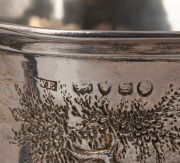 WILLIAM EDWARDS of Melbourne, antique sterling silver christening mug with repousse Australian bird decoration and engraved monogram, mid 19th century, stamped "W.E." in addition to the English hallmarks for London, circa 1853, 9cm high, 117 grams. - 2