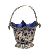 WILLIAM EDWARDS of Melbourne antique Australian silver pierced basket decorated with parrots, birds and bunches of grapes, mid 19th century, with original blue glass liner, stamped "W.E. WALSH & SONS, MELBOURNE", ​​​​​​​18cm high, 293 grams (not including