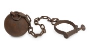 HIATT convict ball and chain, with key, 19th century, 80cm long overall.