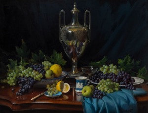 ERNEST BUCKMASTER (1897-1968), (still life with silver urn and grapes), oil on canvas, signed lower right "E. Buckmaster", ​​​​​​​68 x 88cm, 81 x 99cm overall.