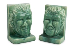 MELROSE WARE green glazed bookends, ​​​​​​​18cm high.