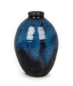 PETER RUSHFORTH blue glazed studio pottery vase, inventory stock No. 16, 32cm high