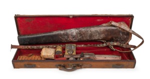 RUNNYMEDE TASMANIA, 21st REGIMENT OF FOOT helmet plate, antique gun case, rifle holster, military compass, bayonet, hunting knife plus an attractive antique military button display affixed to a leather belt.