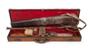 RUNNYMEDE TASMANIA, 21st REGIMENT OF FOOT helmet plate, antique gun case, rifle holster, military compass, bayonet, hunting knife plus an attractive antique military button display affixed to a leather belt.