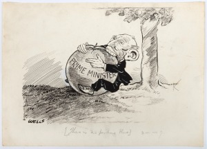 SAM WELLS (1885-1972) original cartoon artwork for the Melbourne Punch: Billy Hughes depicted biting into a huge apple titled "PRIME MINISTER" in the lead-up to the 1922 Australian federal election. Ink on paper, with pencil notation in lower margin, over
