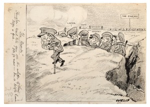 Early 1920s original artworks by SAM WELLS (1885 - 1972) focusing on Billy Hughes. Wells has presented him in various guises - as a wounded bulldog clinging to "office", as a winged angel bringing "bribes" to the electorate, as a second-hand dealer trying