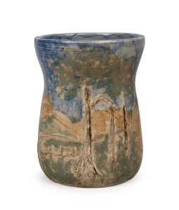CHARLES DREW pottery vase with hand-painted and applied farm scene landscape, incised "Charles Drew", 16cm high.