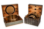 An exceptional set of three Imperial Standard measures, Bushel, Half Bushel and Peck, solid cast brass, 19th century, engraved "VICTORIA, J. M'EWAN & Co. LONDON AND MELBOURNE", housed in two original timber cases, Bushel measure 24cm high, 67cm across the - 3