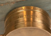 An exceptional set of three Imperial Standard measures, Bushel, Half Bushel and Peck, solid cast brass, 19th century, engraved "VICTORIA, J. M'EWAN & Co. LONDON AND MELBOURNE", housed in two original timber cases, Bushel measure 24cm high, 67cm across the - 4