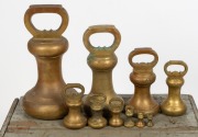 An impressive set of ten cast brass bell weights in original fitted timber travelling case, 56lb to 2 oz. 19th/20th century, the case 41cm high, 63cm wide, 41cm deep. - 3