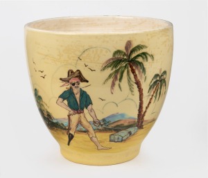 GUY BOYD yellow glazed pottery planter pot with hand-painted pirate scene, incised "Guy Boyd", ​​​​​​​19cm high, 20cm diameter.