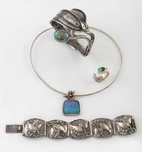 Australian silver designer bracelet, necklace, ring and bangle, three set with opals, 20th century, (4 items).