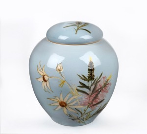 MARTIN BOYD blue glazed pottery ginger jar with sgraffito and hand-painted flannel flower and bottle brush decoration, incised "Martin Boyd, Australia, P. J.", 18cm high