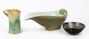 DAVID & HERMIA BOYD dish, REMUED green glazed pottery jug and a RATHJEN green glazed pottery jug (3 items), the Remued 13cm high