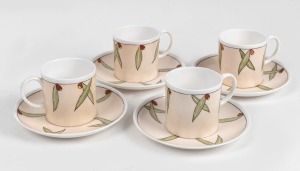 E. M. WARBURTON set of four hand-painted porcelain coffee cups and saucers, decorated with gumnuts and leaves on Susie Cooper blanks, (8 items)