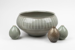 STUDIO POTTERY: Wheel thrown stoneware bowl with brushed Hekeme decoration and glaze, titled "Hekeme Vessel, No. 1, 2007", 16.5cm high, 32cm wide; together with three small rope pattern vases from the same exhibition, 10cm and 11cm high, (4 items). All wi