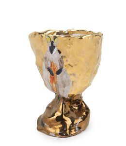 PETER COOLEY gold lustre glazed hand-built pottery goblet adorned with hand-painted wallaby decoration, signed "P. C., 2014", 12cm high