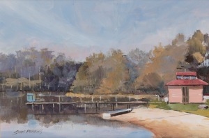 STAN PERKINS, Pump House, Woodend, oil on board, signed lower left "Stan Perkins", ​​​​​​​16 x 24cm, 39 x 47cm overall.