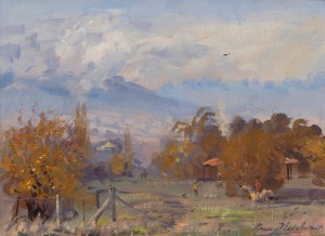 BRUCE FLETCHER (1937 - ), (horse riders in farmyard), oil on board, signed lower right "Bruce Fletcher", ​​​​​​​29 x 39cm, 44 x 55cm overall.