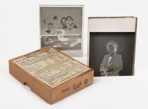 Sixteen glass plate negatives featuring domestic scenes, family portraits, children playing, etc., in original Ilford glass plate box.