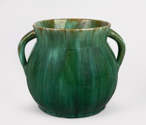 JOHN CAMPBELL green glazed two handled pottery vase, incised "John Campbell, 1933", 22.5cm high, 28cm wide