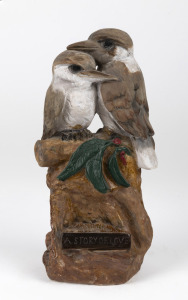 "A STORY OF LOVE" antique fired plaster hand-painted kookaburra statue, 37cm high