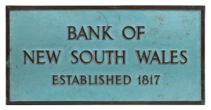 190 · "BANK OF NEW SOUTH WALES ESTABLISHED 1817" pair of bronze advertising signs with stippled blue painted finish, most likely 20th century, 30.5 x 60.5cm