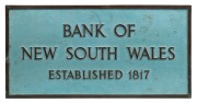 "BANK OF NEW SOUTH WALES ESTABLISHED 1817" pair of bronze advertising signs with stippled blue painted finish, most likely 20th century, 30.5 x 60.5cm