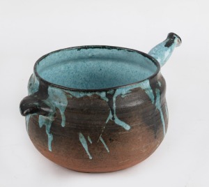 JOHN PERCEVAL and ARTHUR MERRIC BOYD blue glazed pottery cook pot, incised "Perceval, A.M.B., 1957", ​​​​​​​15cm high, 35cm wide