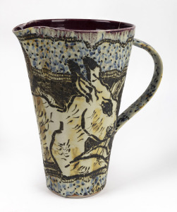 ALEXANDRA COPELAND "Hair Jug" ceramic jug with painted decoration, impressed mark to base, ​​​​​​​30cm high, 28cm wide